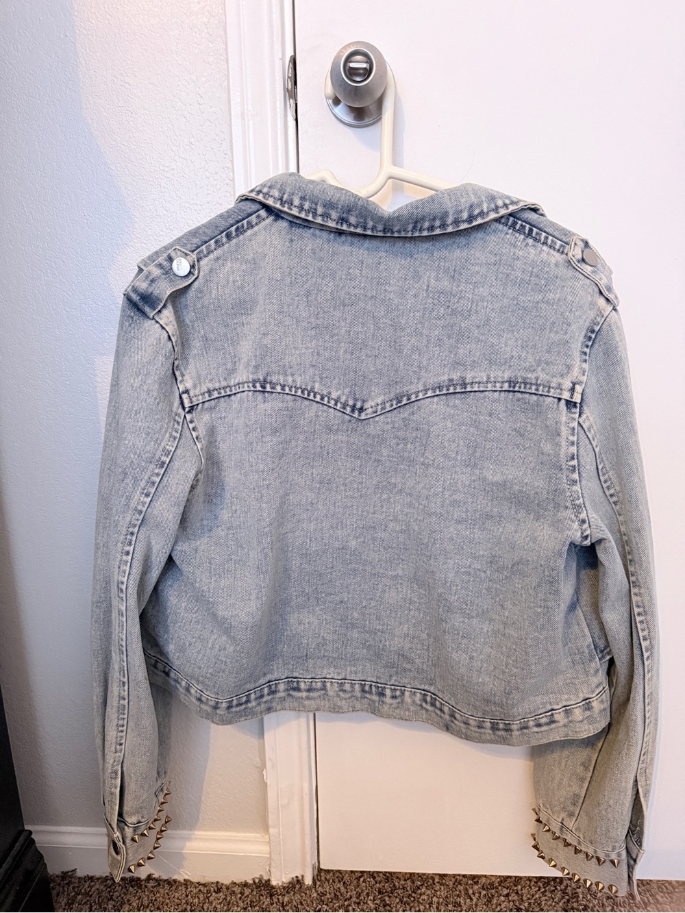 Embellished Light Wash Denim Jacket with Iridescent Gems - Picture 2 of 4